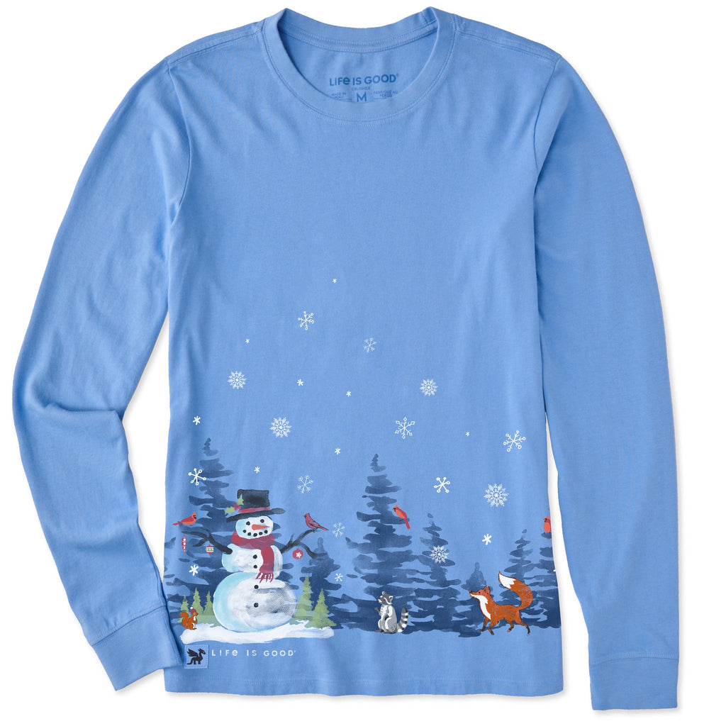 Women's Snowman Winter Scene Long Sleeve Crusher Tee