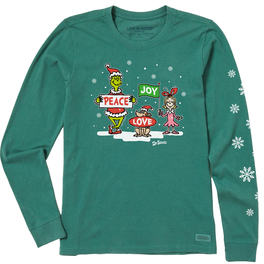 Women's Grinch Peace Love Joy Snow Long Sleeve Crusher Tee