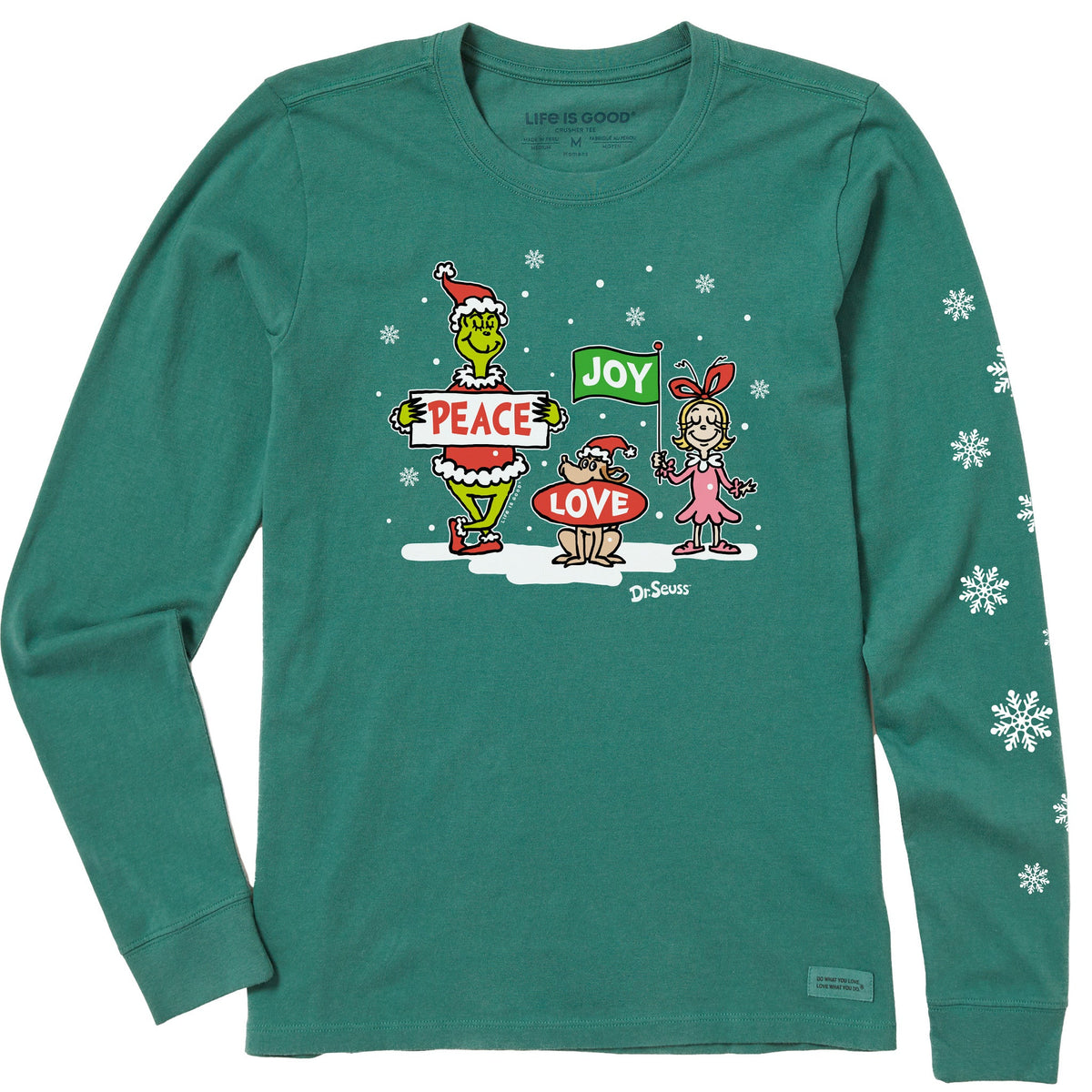 Women's Grinch Peace Love Joy Snow Long Sleeve Crusher Tee