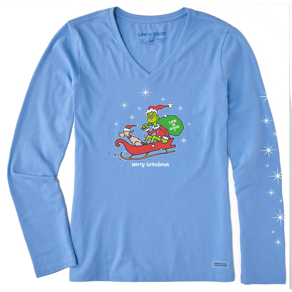 Women's Merry Grinchmas Twinkle Long Sleeve Crusher Vee
