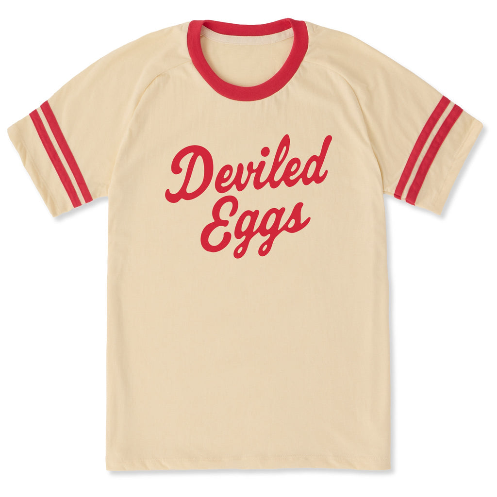 Unisex Deviled Eggs Script Sleeve-Striped Tee product image 1