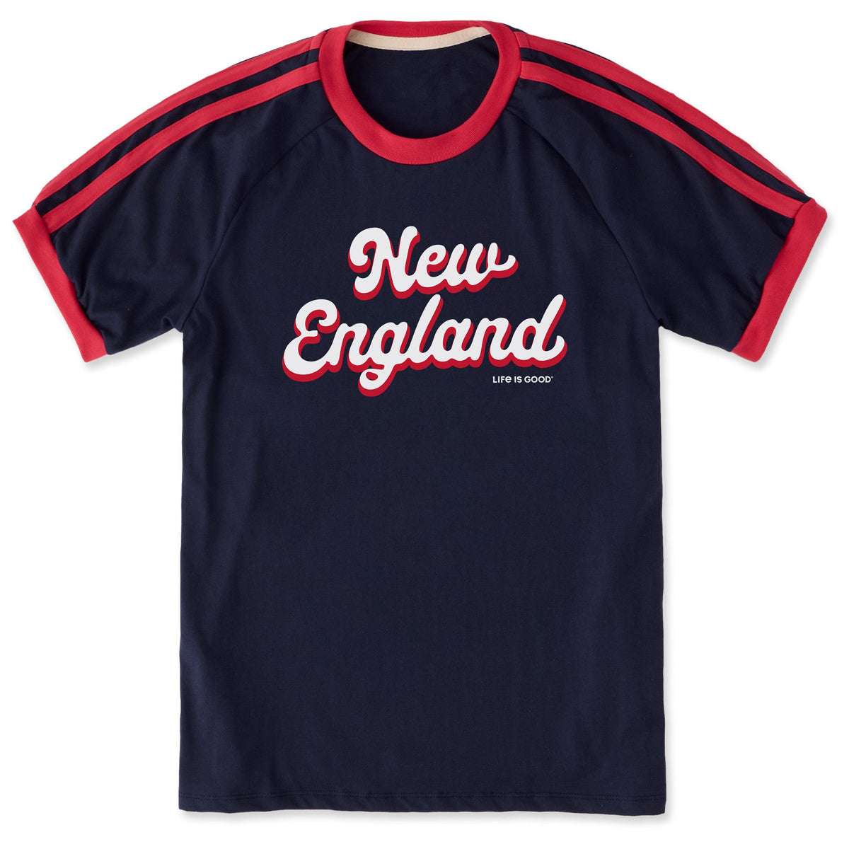 Unisex New England Script Shoulder-Striped Ringer Tee product image 1
